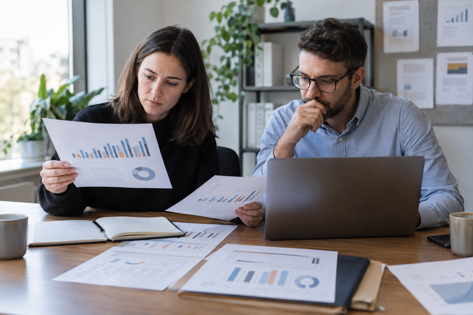 Two office colleagues compare printed evaluation charts with a laptop while reviewing evidence for an AI purchasing decision.