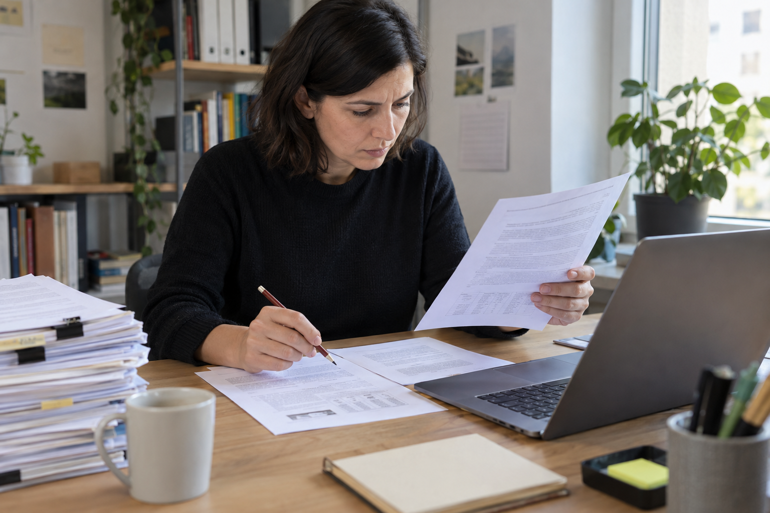 A reviewer compares printed documents beside a laptop in an office, illustrating the checking work behind automated translation.