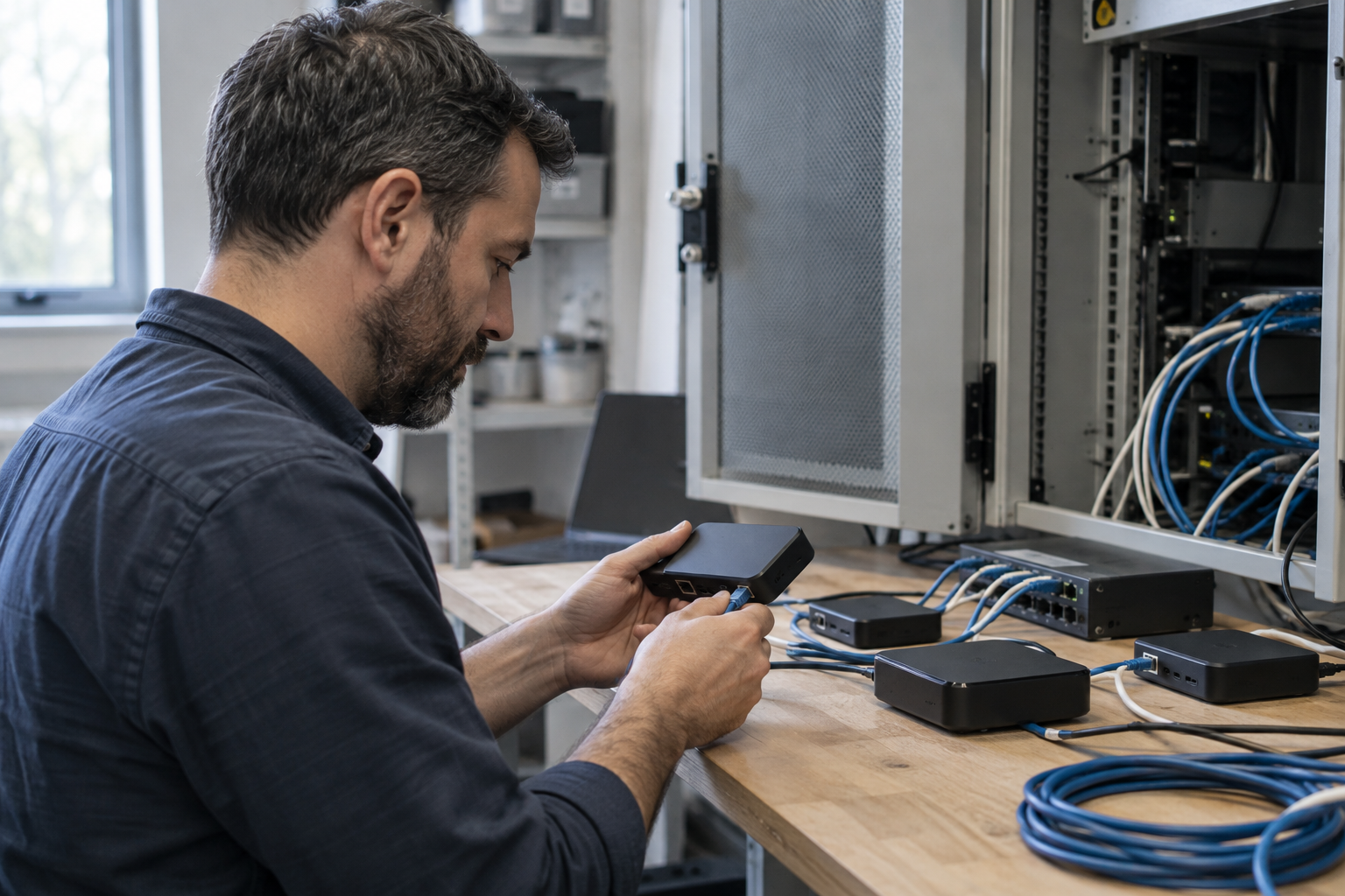 A technician checks a small connected media box beside network equipment in a business equipment room.