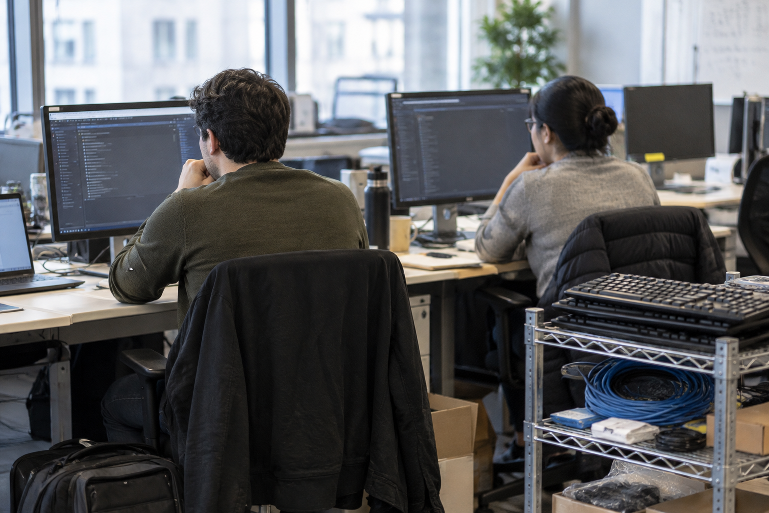 Technical staff examine software at temporary desks in a financial-services office, illustrating the staffing demands of security repairs.
