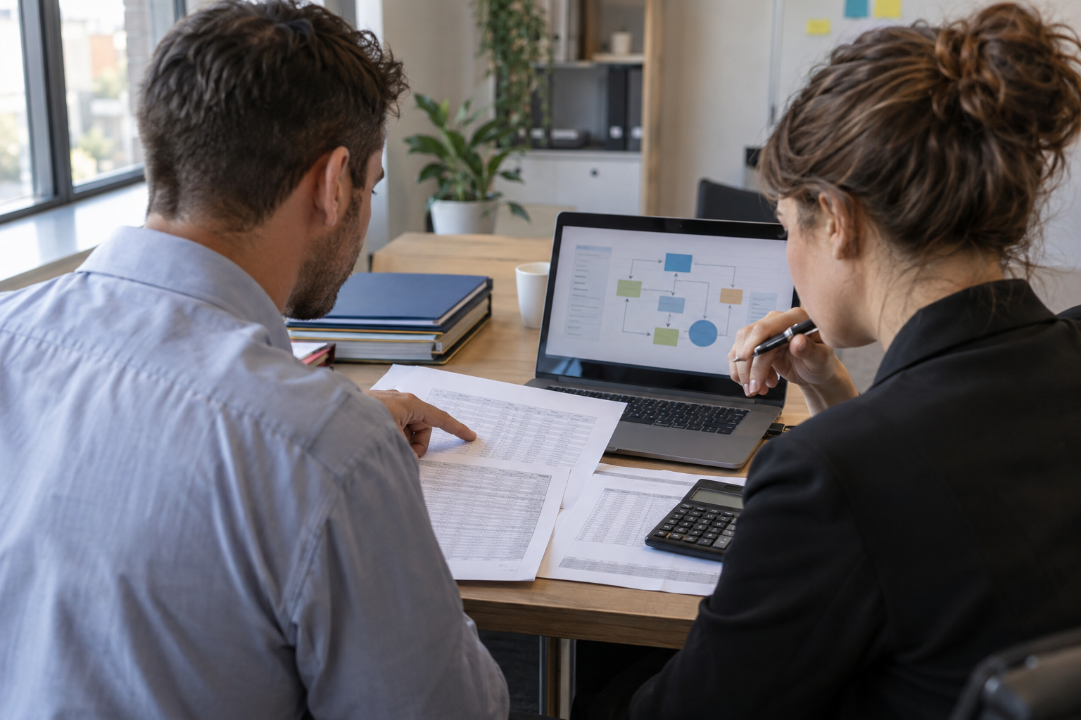 Two colleagues compare budget sheets with a workflow diagram in an office, illustrating the task of measuring AI costs and value.