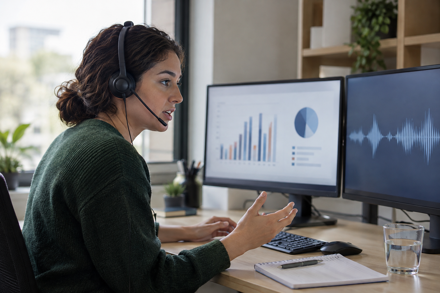 A researcher speaks into a headset beside an indistinct spending chart in an ordinary office, illustrating voice-banking tests.